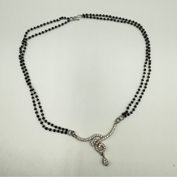 Dainty Necklace with Black Beaded Chain and CZ studded Asymmetrical Pendant - Picture 4 of 13